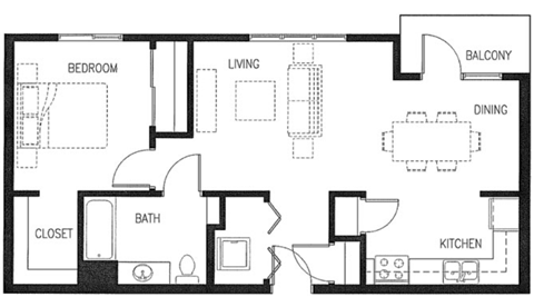 Floor plan for 1 bed, 1 bath, 766 sqft
